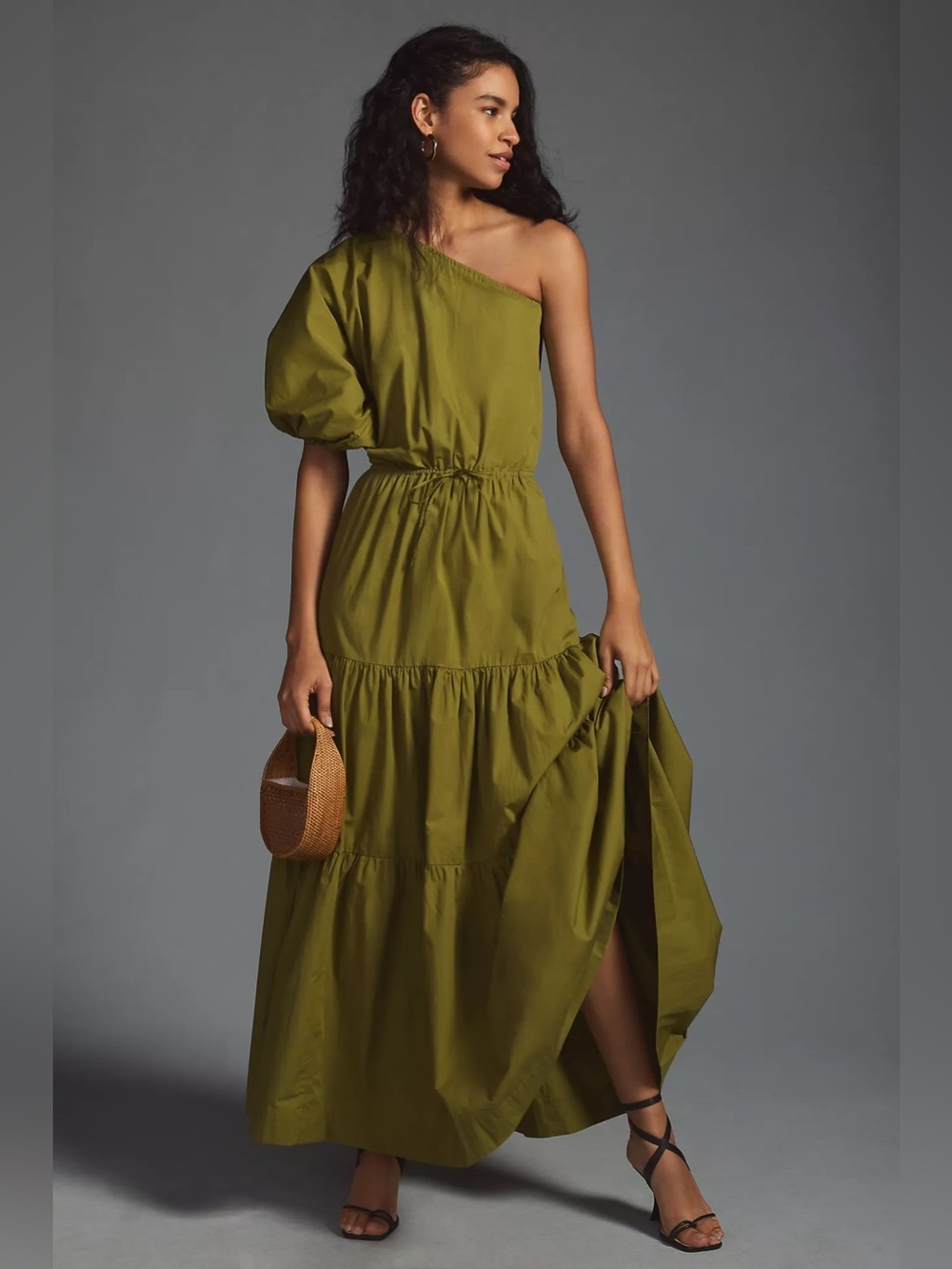 Anthropologie S/W/F Tiered One-Shoulder Maxi Dress Green Women’s Size Small NWT